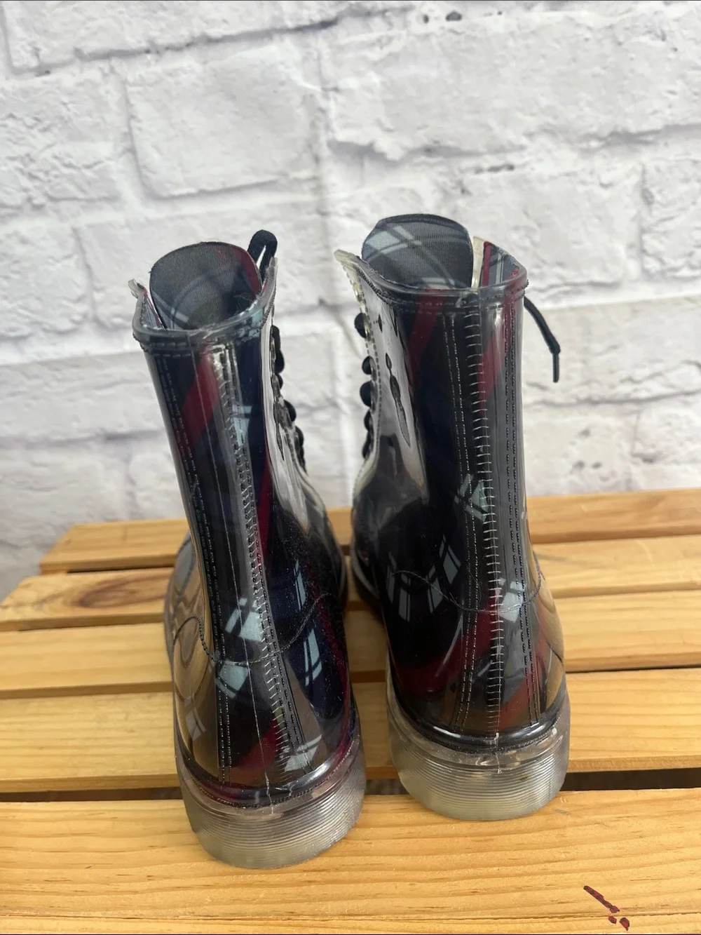 Henry Ferrera women’s preppy utility  tartan plaid lace up rainboots size 8